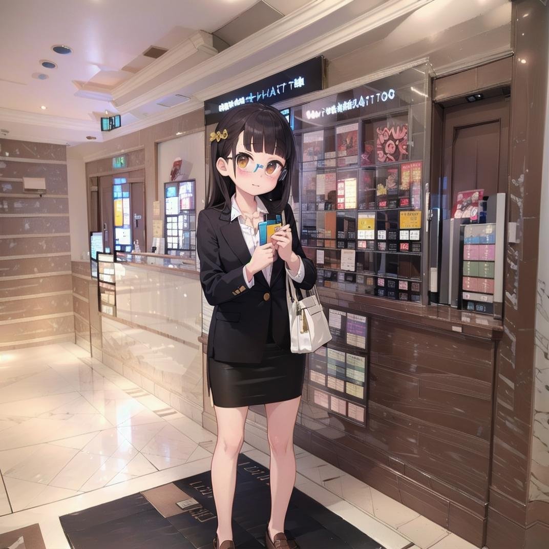 best quality, ultra-detailed, illustration,heyapanel, lovehotel, scenery, japan, tiles, tile floor, 1girl, solo, glasses, brown eyes, black hair, long hair, blush, looking at viewer, standing,coworking style, smart-casual attire, blouses, pencil skirt, loafers, relaxed blazers, midi dresses, bag<lora:LoveHotel_RoomPanel_SD15_V4:1>