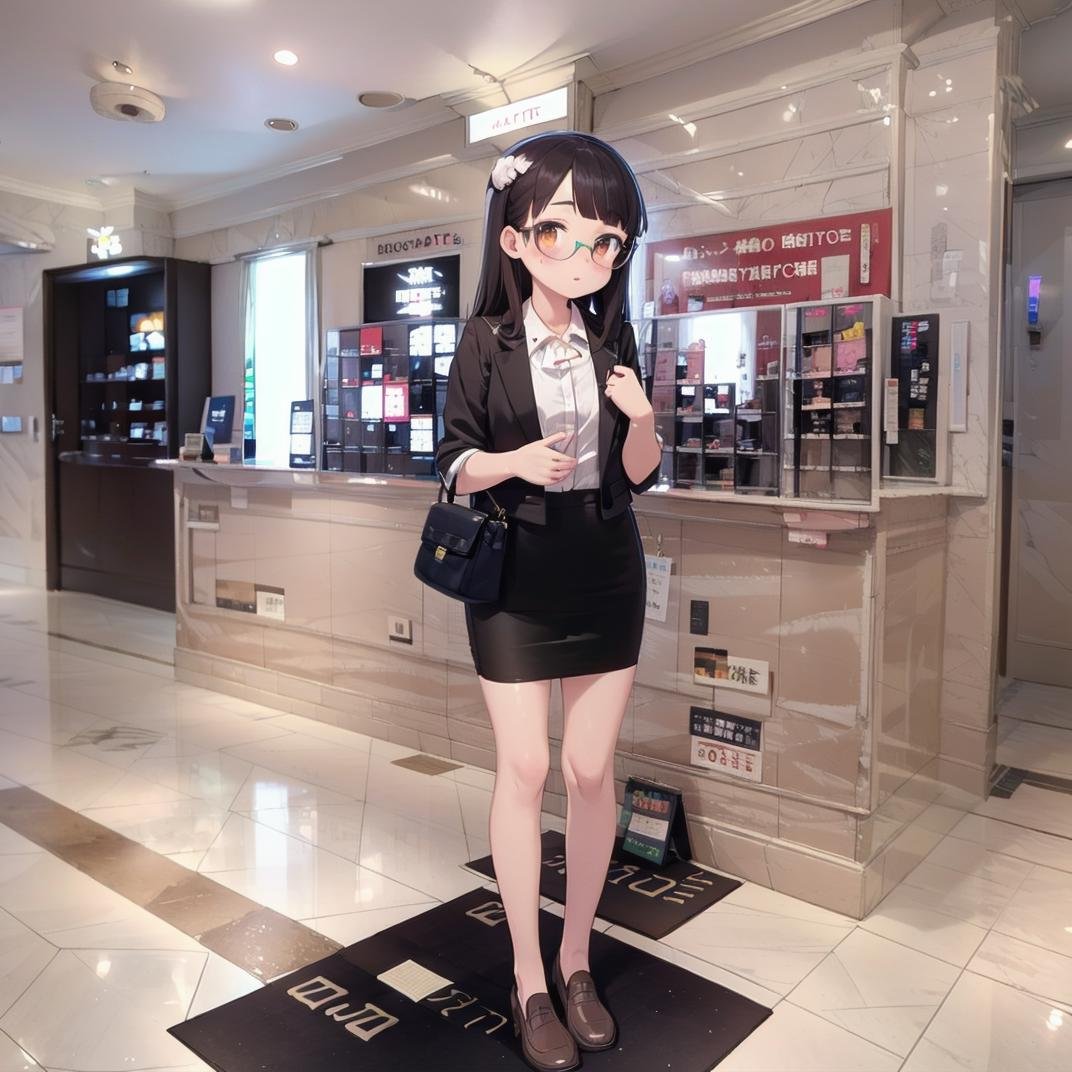 best quality, ultra-detailed, illustration,heyapanel, lovehotel, scenery, japan, tiles, tile floor, 1girl, solo, glasses, brown eyes, black hair, long hair, blush, looking at viewer, standing,coworking style, smart-casual attire, blouses, pencil skirt, loafers, relaxed blazers, midi dresses, bag<lora:LoveHotel_RoomPanel_SD15_V4:1>