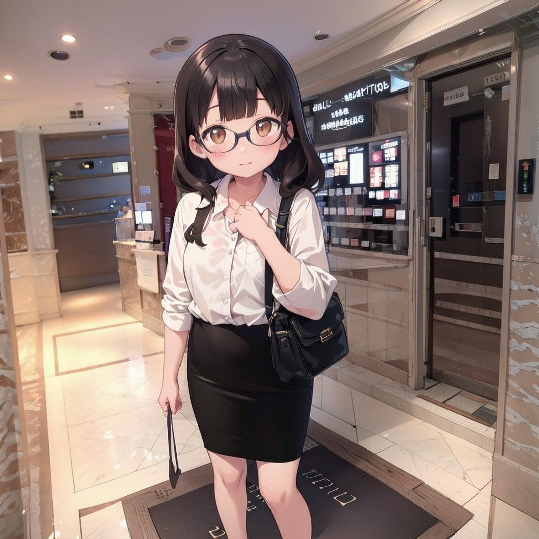 best quality, ultra-detailed, illustration,heyapanel, lovehotel, scenery, japan, tiles, tile floor, 1girl, solo, glasses, brown eyes, black hair, long hair, blush, looking at viewer, standing,coworking style, smart-casual attire, blouses, pencil skirt, loafers, relaxed blazers, midi dresses, bag<lora:LoveHotel_RoomPanel_SD15_V4:1>