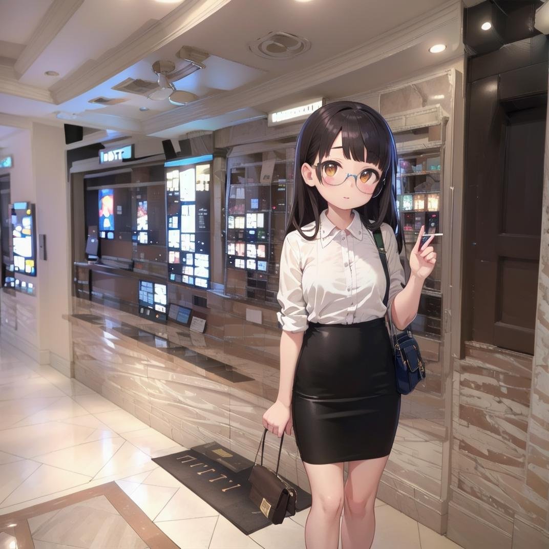 best quality, ultra-detailed, illustration,heyapanel, lovehotel, scenery, japan, tiles, tile floor, 1girl, solo, glasses, brown eyes, black hair, long hair, blush, looking at viewer, standing,coworking style, smart-casual attire, blouses, pencil skirt, loafers, relaxed blazers, midi dresses, bag<lora:LoveHotel_RoomPanel_SD15_V4:1>