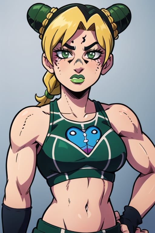 1girl,  blonde hair,  braid,  multicolored hair,  hair bun,  two-tone hair,  double bun,  lipstick,  makeup,  green lips,  green hair,  black hair,  solo,  green eyes,  cone hair bun,  midriff,  braided bun,  portrait,  tattoo,  anime coloring,  looking at viewer,  nail polish,  green nails,  halterneck,  upper body,  araki hirohiko (style),  birthmark,  joestar birthmark,  navel,  muscular,  arm tattoo,  braided ponytail,  full_body, Cartoon,<lora:EMS-89736-EMS:0.500000>