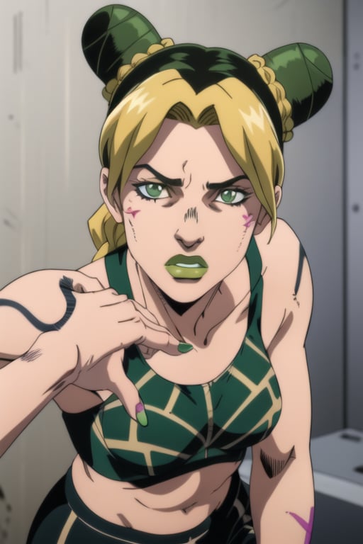 1girl, blonde hair, braid, multicolored hair, hair bun, two-tone hair, double bun, lipstick, makeup, green lips, green hair, black hair, solo, green eyes, cone hair bun, braided bun, portrait, Butterfly tattoo on the left arm, anime coloring, looking at viewer, nail polish, green nails, araki hirohiko (style), birthmark, joestar birthmark, navel, muscular, arm tattoo, braided ponytail, underwear, panties, full_body, sexy,Cartoon