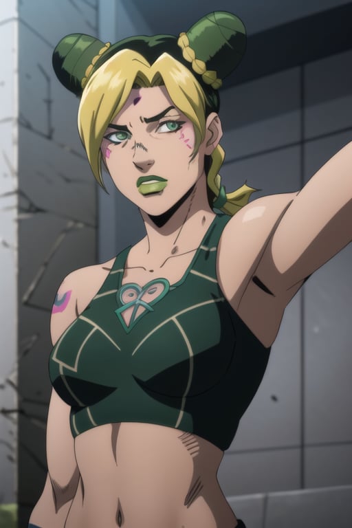 1girl,  blonde hair,  braid,  multicolored hair,  hair bun,  two-tone hair,  double bun,  lipstick,  makeup,  green lips,  green hair,  black hair,  solo,  green eyes,  cone hair bun,  midriff,  braided bun,  portrait,  tattoo,  anime coloring,  looking at viewer,  nail polish,  green nails,  halterneck,  upper body,  araki hirohiko (style),  birthmark,  joestar birthmark,  navel,  muscular,  arm tattoo,  braided ponytail,  full_body, Cartoon,<lora:EMS-89736-EMS:0.500000>