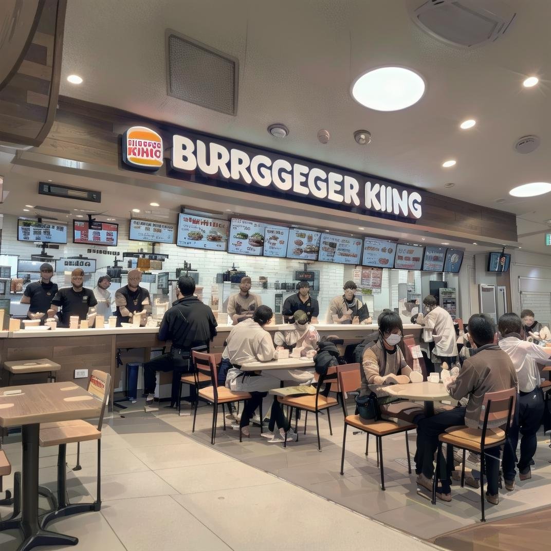 best quality, ultra-detailed, illustration,burgerking, scenery, storefront, indoors, restaurant, multiple boys, 6+boys, bag, handbag, scenery, table, english text, chair, real world location <lora:burgerking_SD15_V2:1>