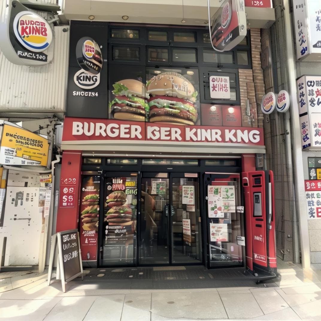 best quality, ultra-detailed, illustration,burgerking, scenery, storefront, burger, food, real world location, restaurant, logo, shop, realistic, realistic, photo (medium), photo background <lora:burgerking_SD15_V2:1>