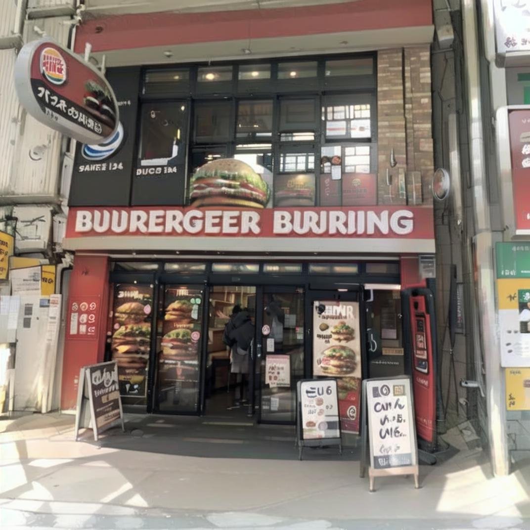 best quality, ultra-detailed, illustration,burgerking, scenery, storefront, food, shop, burger, outdoors, sign, road, street, building,  <lora:burgerking_SD15_V2:1>