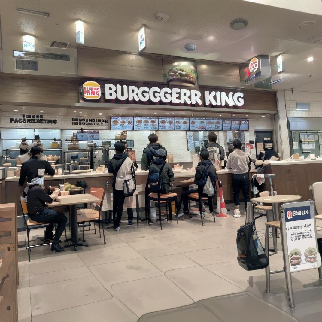 best quality, ultra-detailed, illustration,burgerking, scenery, storefront, indoors, restaurant, multiple boys, 6+boys, bag, handbag, scenery, table, english text, chair, real world location <lora:burgerking_SD15_V2:1>