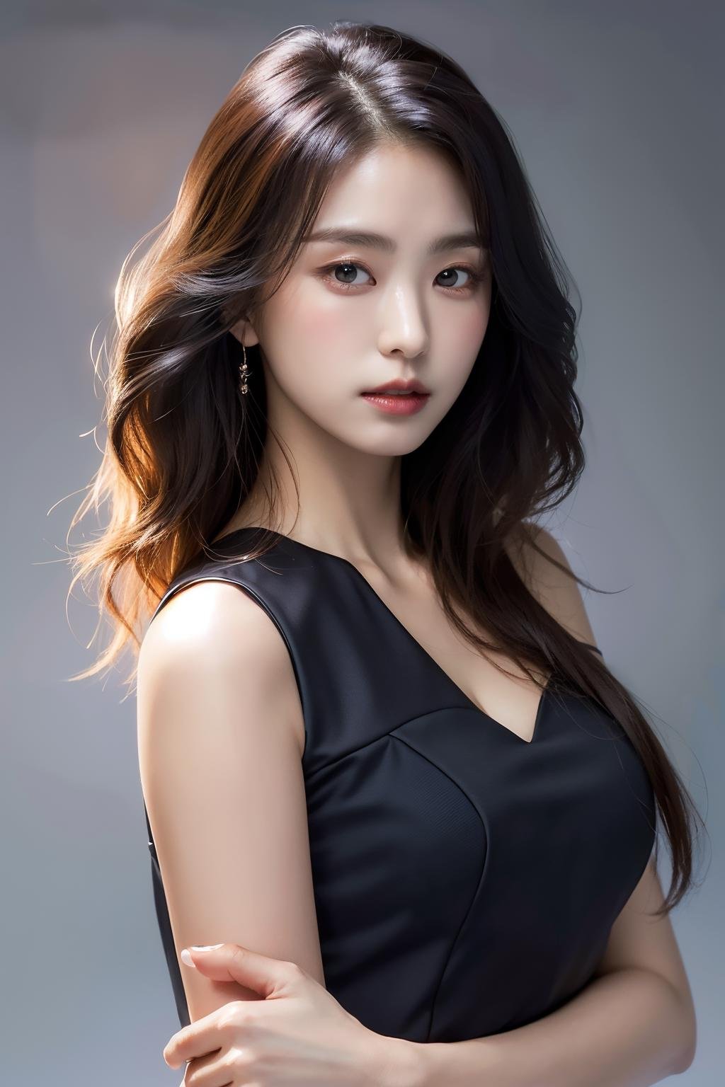 Best quality, masterpiece, ultra high res, (photorealistic:1.4), raw photo,1girl, solo, realistic, looking at viewer, upper body,simple background, black dress, off shoulder,  <lora:makina69_bora_v1.0:1>, long wavy hair