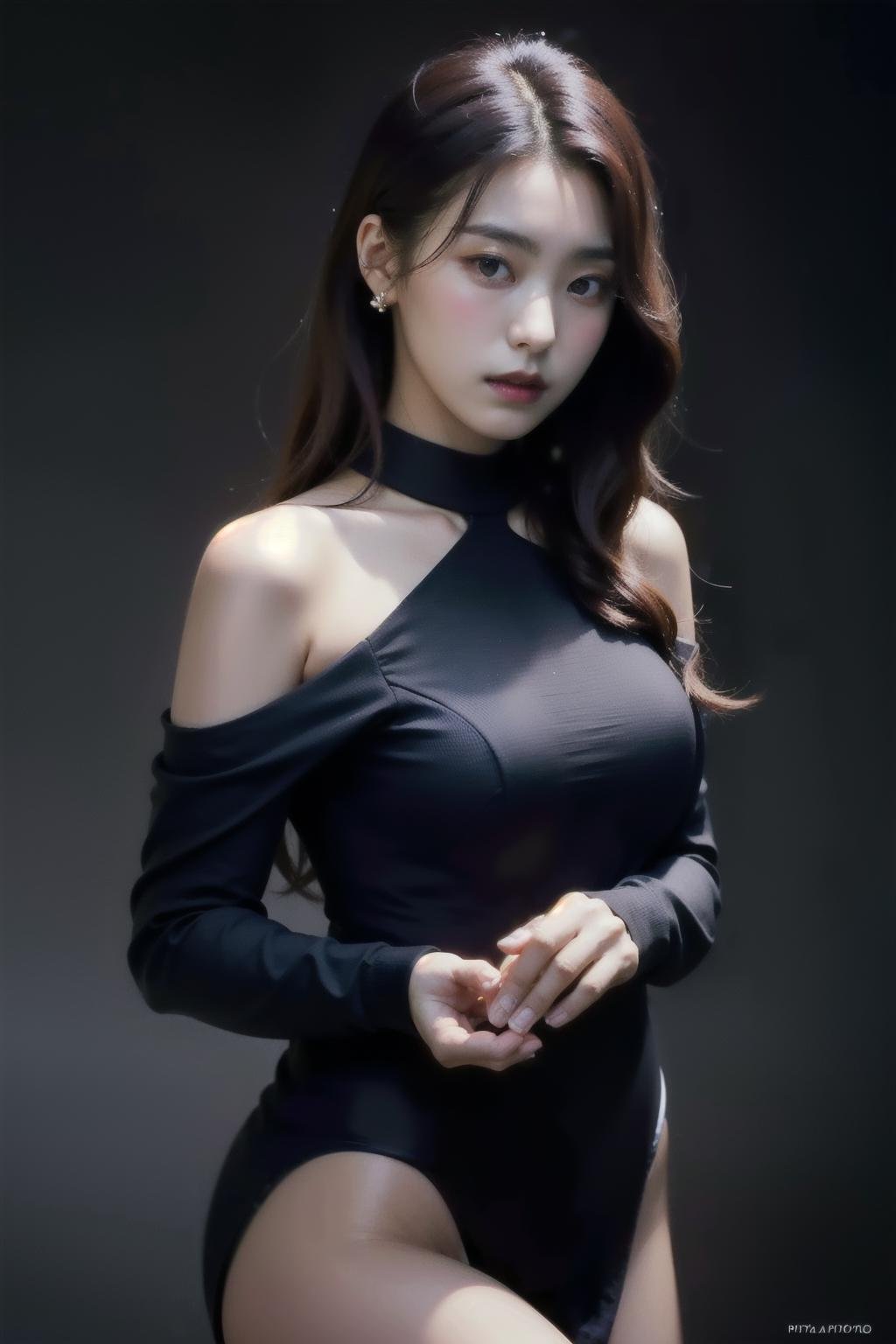 Best quality, masterpiece, ultra high res, (photorealistic:1.4), raw photo,1girl, solo, realistic, looking at viewer, upper body,simple background, black dress, off shoulder,  <lora:makina69_bora_v1.0:1>, long wavy hair