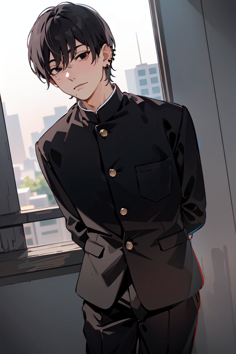 (masterpiece,  best quality:1.2),  yoshidadef,  1boy,  male focus,  school uniform,  solo,  gakuran,  black sleeves,  long sleeves,  short hair,  black hair,  multiple piercings,  piercing,  black eyes,  mole under mouth,  leaning forward,  arms behind back,  dutch angle,  black pants,<lora:EMS-89753-EMS:0.700000>