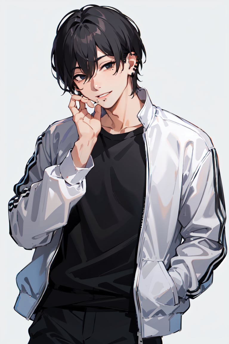 (masterpiece,  best quality:1.2),  yoshidacasual,  1boy,  black pants,  black shirt,  grey background,  looking at viewer,  male focus,  mole,  mole under mouth,  multiple piercings,  parted lips,  piercing,  shirt,  short hair,  simple background,  solo,  smile,  white jacket,<lora:EMS-89753-EMS:0.600000>