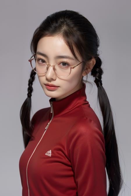 Best quality, masterpiece, ultra high res, (photorealistic:1.4), raw photo,1girl, solo, realistic, looking at viewer, upper body,school,red sweat suit, black round glasses, low twintail,  <lora:makina69_nakamayukie_v1.0:1>