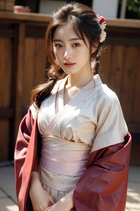 Best quality, masterpiece, ultra high res, (photorealistic:1.4), raw photo,1girl, solo, realistic, looking at viewer, upper body,kimono, japanese traditional hairdo,  <lora:makina69_nakamayukie_v1.0:1>