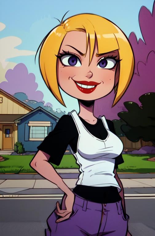 Nazz, short blonde hair, red lips, standing,  smiling, black eyes,  black undershirt, white tank top,  purple pants, loose clothes, outside, neighborhood,  park, toon \(style\), (insanely detailed, beautiful detailed face,beautiful detailed eyes, masterpiece, best quality)  <lora:Nazz-10v7:0.8>