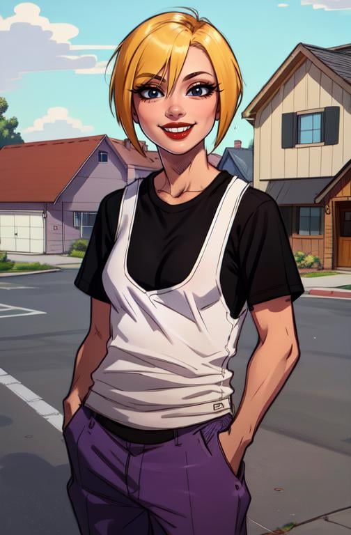 Nazz, short blonde hair, red lips, standing, hands in pockets, smiling, black eyes,  black undershirt, white tank top,  purple pants, loose clothes, outside, neighborhood,(insanely detailed, beautiful detailed face,beautiful detailed eyes, masterpiece, best quality)  <lora:Nazz-10v7:0.8>