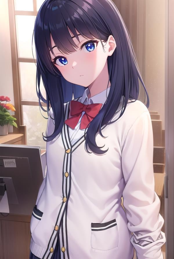 rikkatakarada, <lyco:rikkatakarada-lyco-nochekaiser:1>, rikka takarada, black hair, blue eyes, long hair, orange scrunchie, scrunchie, wrist scrunchieBREAK black footwear, black skirt, bow, bowtie, buttons, cardigan, collared shirt, long sleeves, microskirt, pleated skirt, red bow, red bowtie, red socks, school uniform, shirt, shoes, skirt, socks, thighs, (white cardigan:1.5), white shirt,BREAK indoors, classroom,BREAK looking at viewer, (cowboy shot:1.5),BREAK <lyco:GoodHands-beta2:1>, (masterpiece:1.2), best quality, high resolution, unity 8k wallpaper, (illustration:0.8), (beautiful detailed eyes:1.6), extremely detailed face, perfect lighting, extremely detailed CG, (perfect hands, perfect anatomy),