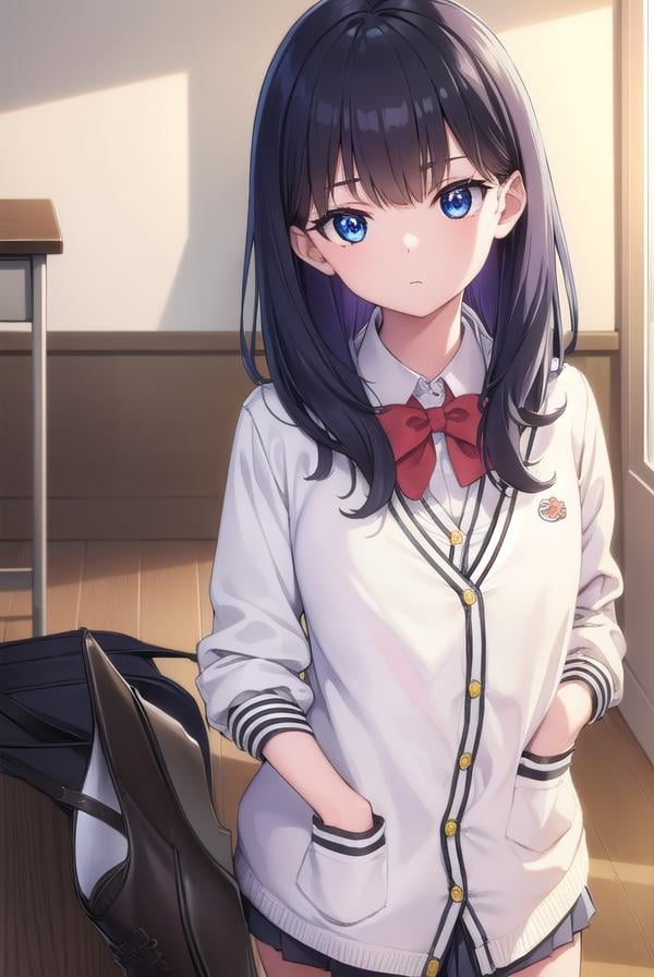 rikkatakarada, <lyco:rikkatakarada-lyco-nochekaiser:1>, rikka takarada, black hair, blue eyes, long hair, orange scrunchie, scrunchie, wrist scrunchieBREAK black footwear, black skirt, bow, bowtie, buttons, cardigan, collared shirt, long sleeves, microskirt, pleated skirt, red bow, red bowtie, red socks, school uniform, shirt, shoes, skirt, socks, thighs, (white cardigan:1.5), white shirt,BREAK indoors, classroom,BREAK looking at viewer, (cowboy shot:1.5),BREAK <lyco:GoodHands-beta2:1>, (masterpiece:1.2), best quality, high resolution, unity 8k wallpaper, (illustration:0.8), (beautiful detailed eyes:1.6), extremely detailed face, perfect lighting, extremely detailed CG, (perfect hands, perfect anatomy),