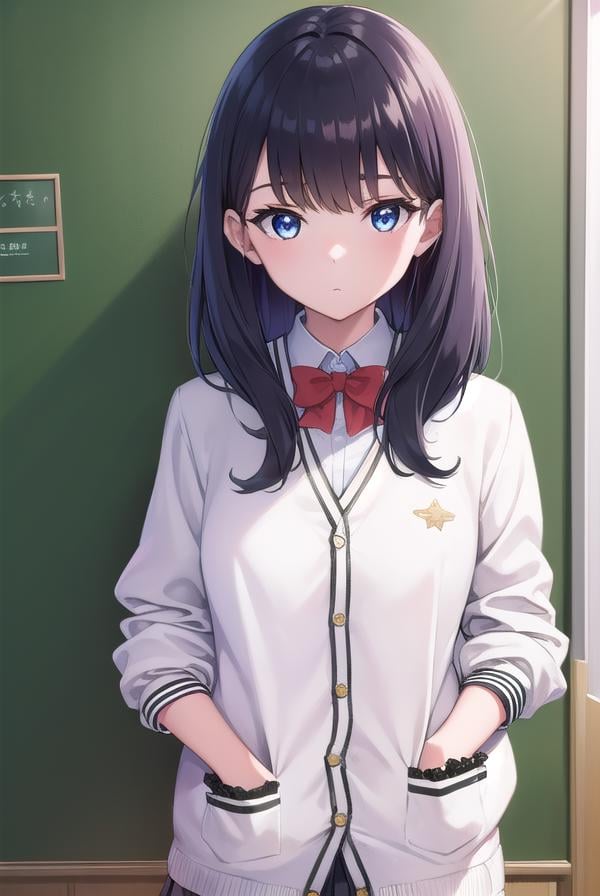 rikkatakarada, <lyco:rikkatakarada-lyco-nochekaiser:1>, rikka takarada, black hair, blue eyes, long hair, orange scrunchie, scrunchie, wrist scrunchieBREAK black footwear, black skirt, bow, bowtie, buttons, cardigan, collared shirt, long sleeves, microskirt, pleated skirt, red bow, red bowtie, red socks, school uniform, shirt, shoes, skirt, socks, thighs, (white cardigan:1.5), white shirt,BREAK indoors, classroom,BREAK looking at viewer, (cowboy shot:1.5),BREAK <lyco:GoodHands-beta2:1>, (masterpiece:1.2), best quality, high resolution, unity 8k wallpaper, (illustration:0.8), (beautiful detailed eyes:1.6), extremely detailed face, perfect lighting, extremely detailed CG, (perfect hands, perfect anatomy),