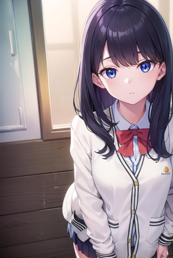 rikkatakarada, <lyco:rikkatakarada-lyco-nochekaiser:1>, rikka takarada, black hair, blue eyes, long hair, orange scrunchie, scrunchie, wrist scrunchieBREAK black footwear, black skirt, bow, bowtie, buttons, cardigan, collared shirt, long sleeves, microskirt, pleated skirt, red bow, red bowtie, red socks, school uniform, shirt, shoes, skirt, socks, thighs, (white cardigan:1.5), white shirt,BREAK indoors, classroom,BREAK looking at viewer, (cowboy shot:1.5),BREAK <lyco:GoodHands-beta2:1>, (masterpiece:1.2), best quality, high resolution, unity 8k wallpaper, (illustration:0.8), (beautiful detailed eyes:1.6), extremely detailed face, perfect lighting, extremely detailed CG, (perfect hands, perfect anatomy),