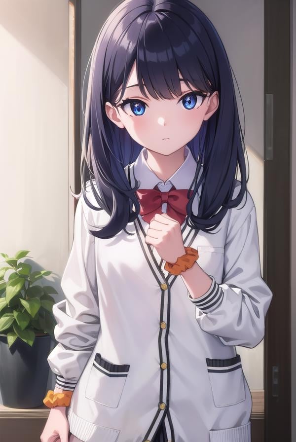 rikkatakarada, <lyco:rikkatakarada-lyco-nochekaiser:1>, rikka takarada, black hair, blue eyes, long hair, orange scrunchie, scrunchie, wrist scrunchieBREAK black footwear, black skirt, bow, bowtie, buttons, cardigan, collared shirt, long sleeves, microskirt, pleated skirt, red bow, red bowtie, red socks, school uniform, shirt, shoes, skirt, socks, thighs, (white cardigan:1.5), white shirt,BREAK indoors, classroom,BREAK looking at viewer, (cowboy shot:1.5),BREAK <lyco:GoodHands-beta2:1>, (masterpiece:1.2), best quality, high resolution, unity 8k wallpaper, (illustration:0.8), (beautiful detailed eyes:1.6), extremely detailed face, perfect lighting, extremely detailed CG, (perfect hands, perfect anatomy),