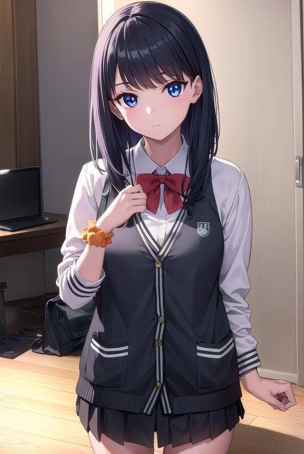 rikkatakarada, <lyco:rikkatakarada-lyco-nochekaiser:1>, rikka takarada, black hair, blue eyes, long hair, orange scrunchie, scrunchie, wrist scrunchieBREAK black footwear, black skirt, bow, bowtie, buttons, cardigan, collared shirt, long sleeves, microskirt, pleated skirt, red bow, red bowtie, red socks, school uniform, shirt, shoes, skirt, socks, thighs, (white cardigan:1.5), white shirt,BREAK indoors, classroom,BREAK looking at viewer, (cowboy shot:1.5),BREAK <lyco:GoodHands-beta2:1>, (masterpiece:1.2), best quality, high resolution, unity 8k wallpaper, (illustration:0.8), (beautiful detailed eyes:1.6), extremely detailed face, perfect lighting, extremely detailed CG, (perfect hands, perfect anatomy),