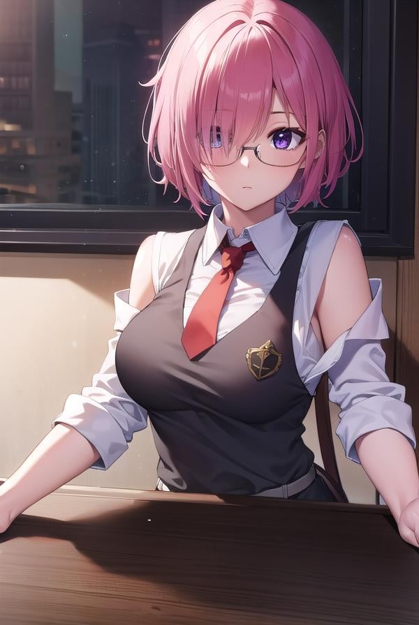 mashkyrielight, <lyco:mashkyrielight-lyco-nochekaiser:1>, mash kyrielight, glasses, hair between eyes, hair over one eye, (purple eyes:1.1), pink hair, short hair,BREAK hood, shirt, collared shirt, white collar, black shirt, necktie, red necktie, sleeveless, off shoulder,BREAK looking at viewer,BREAK indoors, classroom,BREAK <lyco:GoodHands-beta2:1>, (masterpiece:1.2), best quality, high resolution, unity 8k wallpaper, (illustration:0.8), (beautiful detailed eyes:1.6), extremely detailed face, perfect lighting, extremely detailed CG, (perfect hands, perfect anatomy),