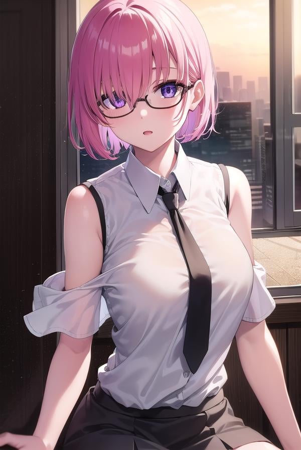 mashkyrielight, <lyco:mashkyrielight-lyco-nochekaiser:1>, mash kyrielight, glasses, hair between eyes, hair over one eye, (purple eyes:1.1), pink hair, short hair,BREAK hood, shirt, collared shirt, white collar, black shirt, necktie, red necktie, sleeveless, off shoulder,BREAK looking at viewer,BREAK indoors, classroom,BREAK <lyco:GoodHands-beta2:1>, (masterpiece:1.2), best quality, high resolution, unity 8k wallpaper, (illustration:0.8), (beautiful detailed eyes:1.6), extremely detailed face, perfect lighting, extremely detailed CG, (perfect hands, perfect anatomy),