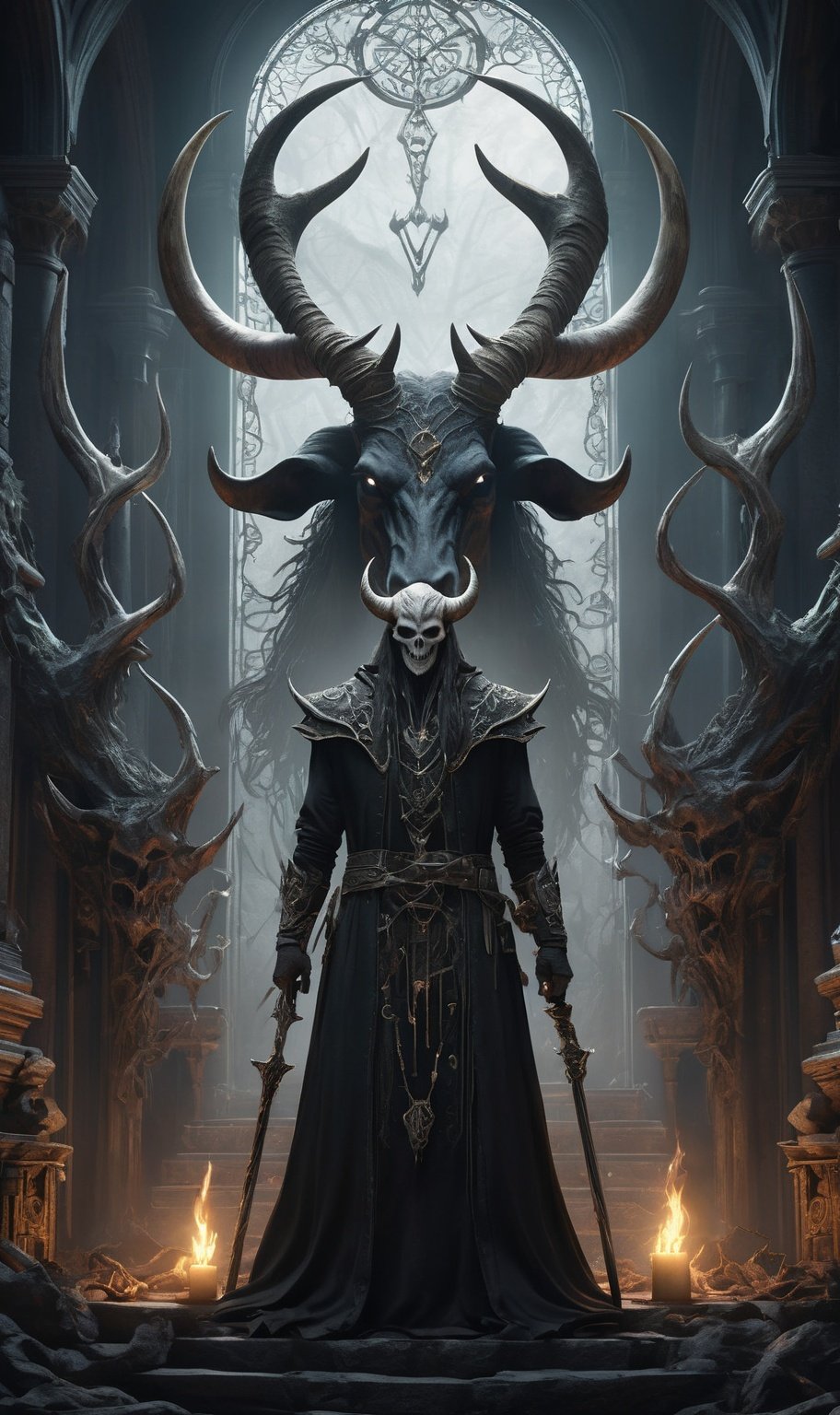 (dark magic), (grim), ten horns, ten diadems, (intricate details), (hyperdetailed), 8k hdr, high detailed, lot of details, high quality, soft cinematic light, dramatic atmosphere, atmospheric perspective