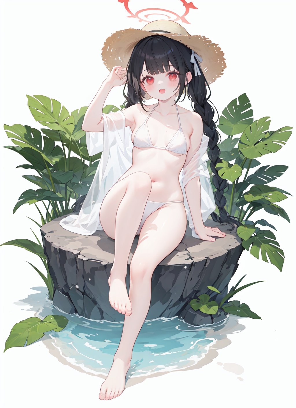 1girl, red eyes, hat, solo, swimsuit, halo, feet, toes, black hair, barefoot, miyu (blue archive), bikini, soles, braid, long hair, sitting, twin braids, Green leaves,white background, looking at viewer, straw hat, simple background, open mouth, white bikini, leaf, blush, bare legs, bangs, small breasts, twintails, full body