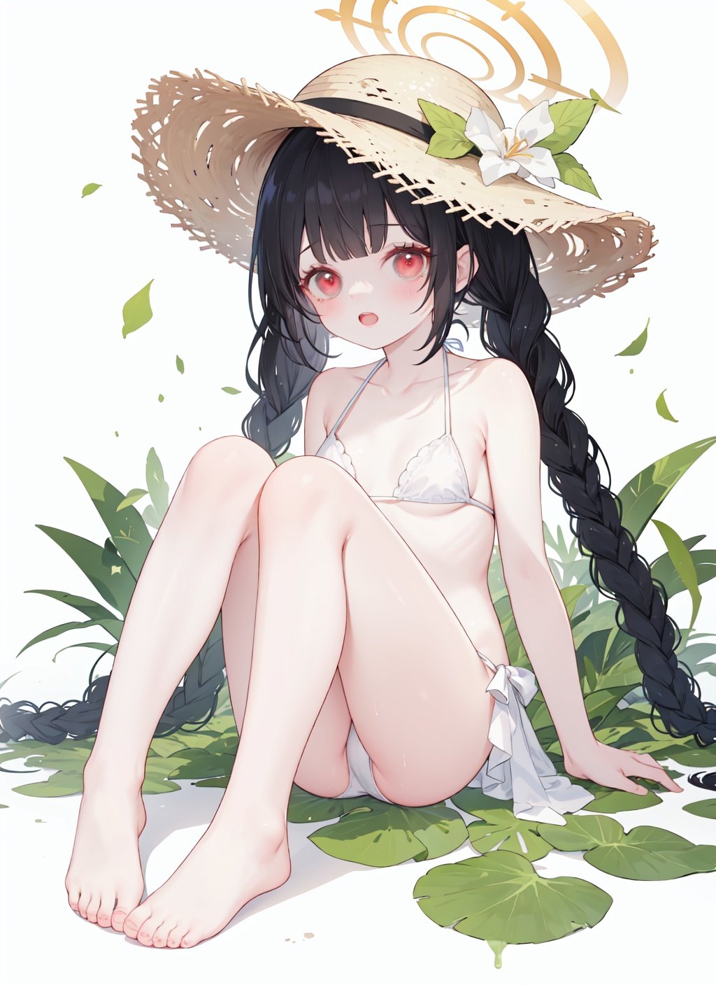 1girl,red eyes,hat,solo,swimsuit,halo,feet,toes,black hair,barefoot,miyu (blue archive),bikini,soles,braid,long hair,sitting,twin braids,Green leaves,white background,looking at viewer,straw hat,simple background,open mouth,white bikini,leaf,blush,bare legs,bangs,small breasts,twintails,full body,