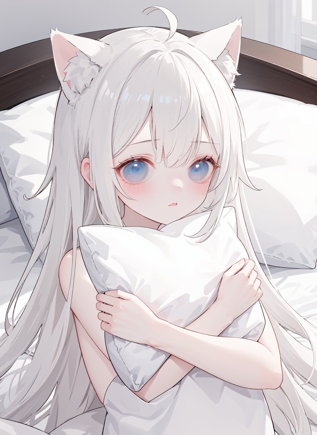 bedroom,pillow hug,pillow,1girl,solo,upper_body,1girl,solo,animal ears,long hair,animal ear fluff,cat ears,white hair,cat girl,very long hair,ahoge,nude,loli,blue eyes,shy, blushing