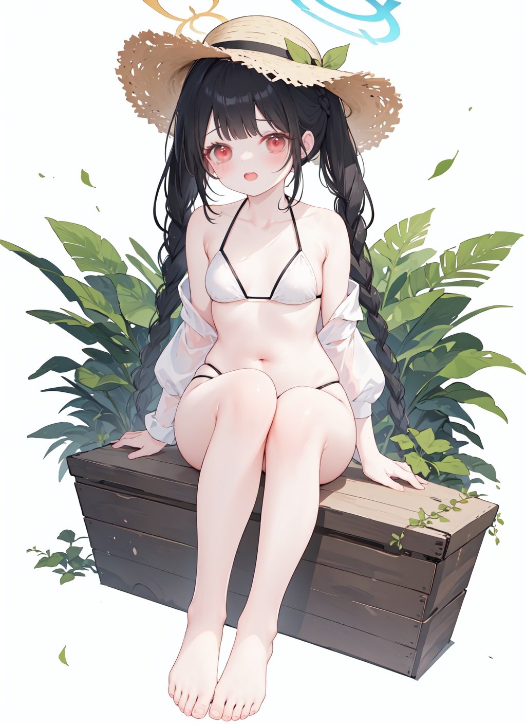 1girl, red eyes, hat, solo, swimsuit, halo, feet, toes, black hair, barefoot, miyu (blue archive), bikini, soles, braid, long hair, sitting, twin braids, Green leaves,white background, looking at viewer, straw hat, simple background, open mouth, white bikini, leaf, blush, bare legs, bangs, small breasts, twintails, full body