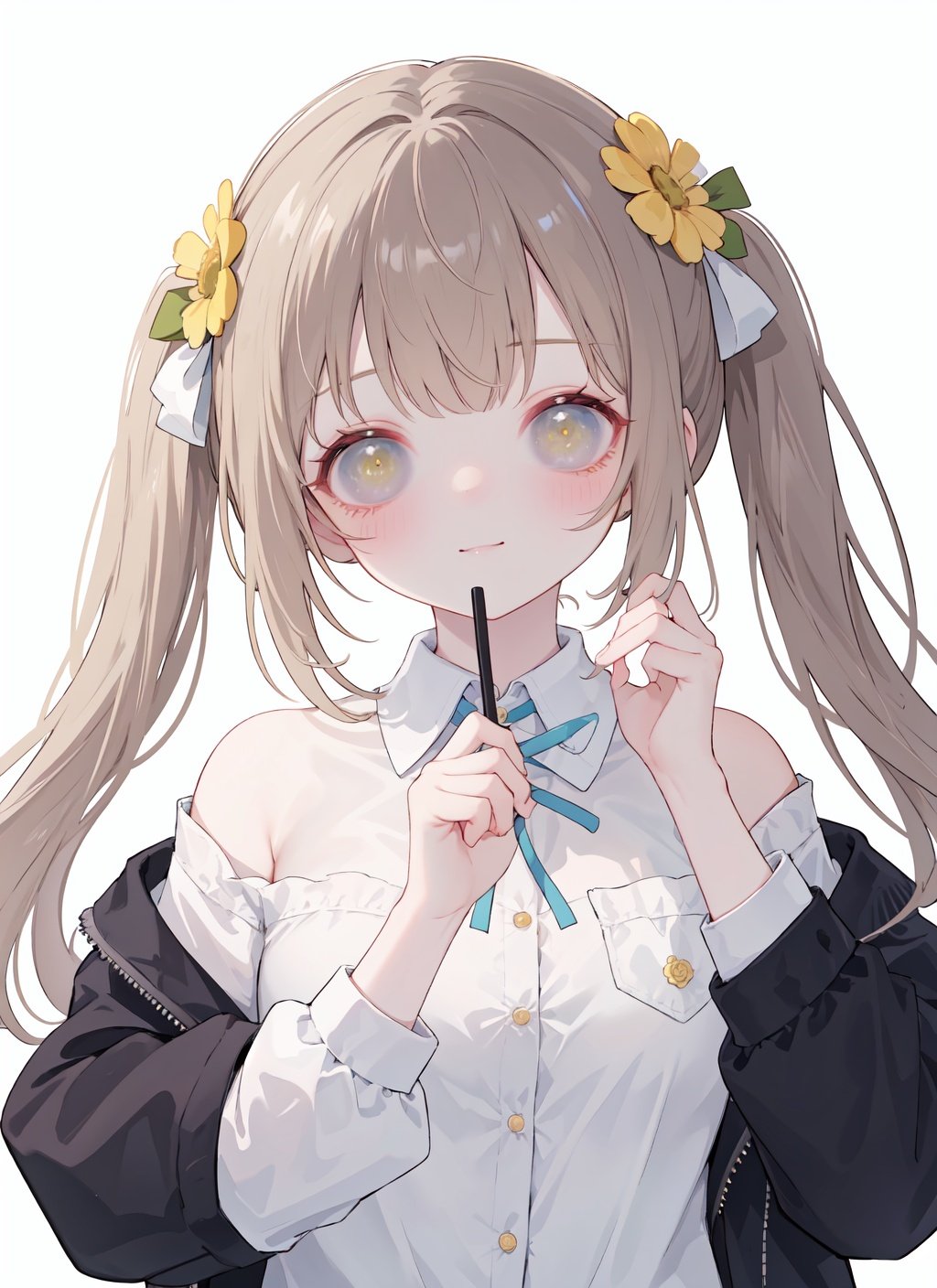 1girl, solo, long_hair, looking_at_viewer, blush, smile, bangs, brown_hair, shirt, hair_ornament, long_sleeves, white_background, bow, ribbon, holding, twintails, closed_mouth, green_eyes, jacket, white_shirt, upper_body, flower, hair_bow, open_clothes, collared_shirt, signature, off_shoulder, open_jacket, hands_up, low_twintails, bug, white_flower, yellow_bow, blue_flower, head_wreath, clover, four-leaf_clover, flower_wreath