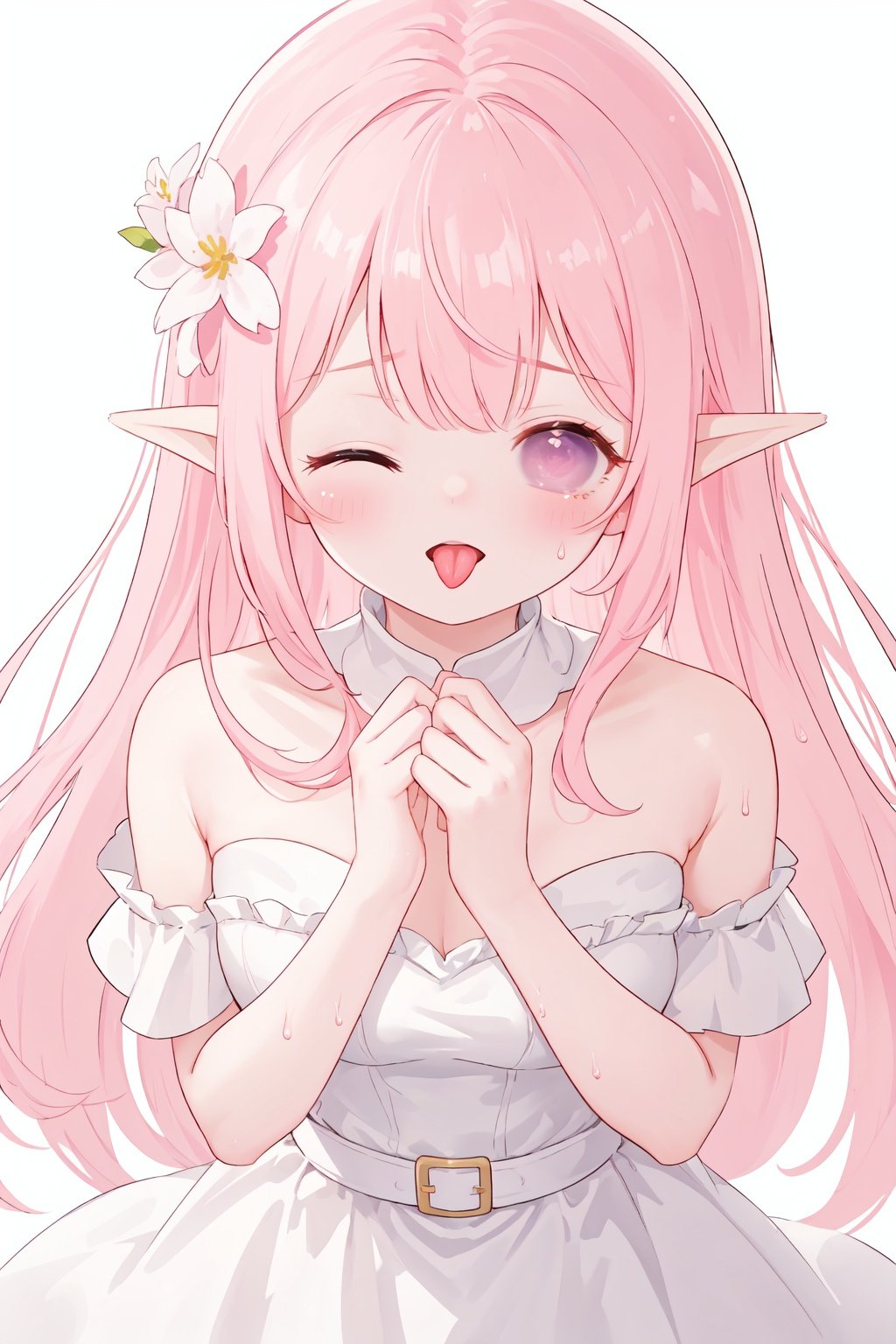 white background, looking at viewer,blush,close range,white dress,strapless, pink hair,eyes closed, pointy ears, long hair, hair flower, Lateral hair,elf, light smile,open mouth,standing,upper body,tongue,close-up,from above,sweat,frown