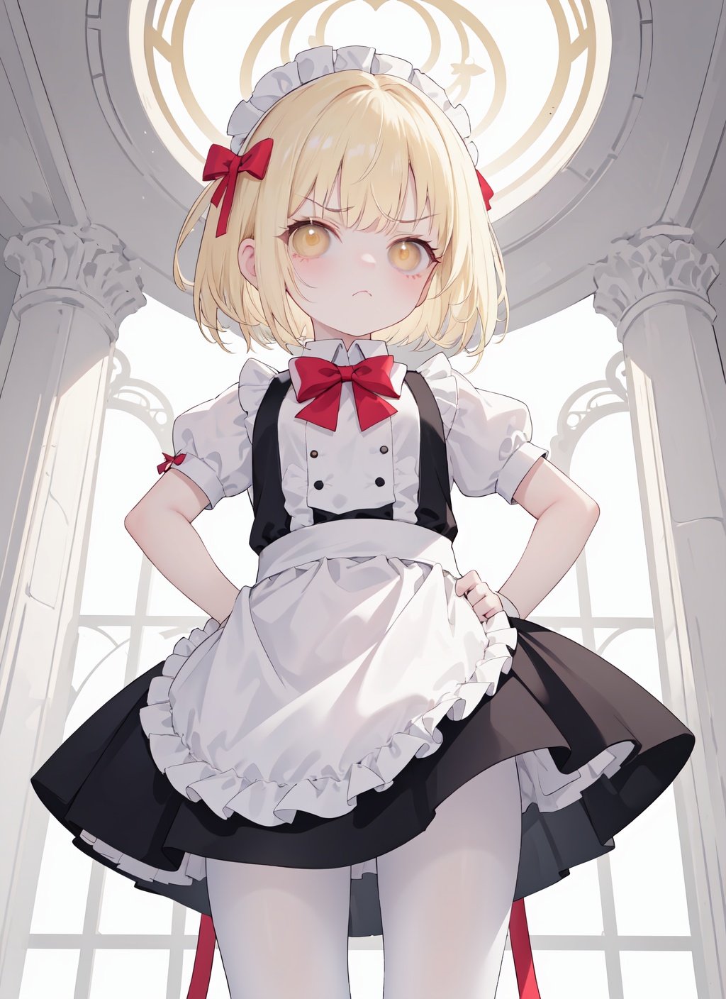 1girl,solo,(loli:1.3),(petite child),(from below,from front:1.35 ),woman focus, yellow eyes,closed mouth,fierce eyes,angry face,frown, blonde hair,messy hair,short hair,bangs, looking at viewer,hand on hip,look down, hair ornament, magical girl clothes,white shirt,shirt,bow,red bow,apron,waist apron,white apron,hort sleeves,puffy sleeves,puffy short sleeves, skirt,black skirt,frills,frilled skirt,petticoat,ribbon,sred ribbon,white pantyhose