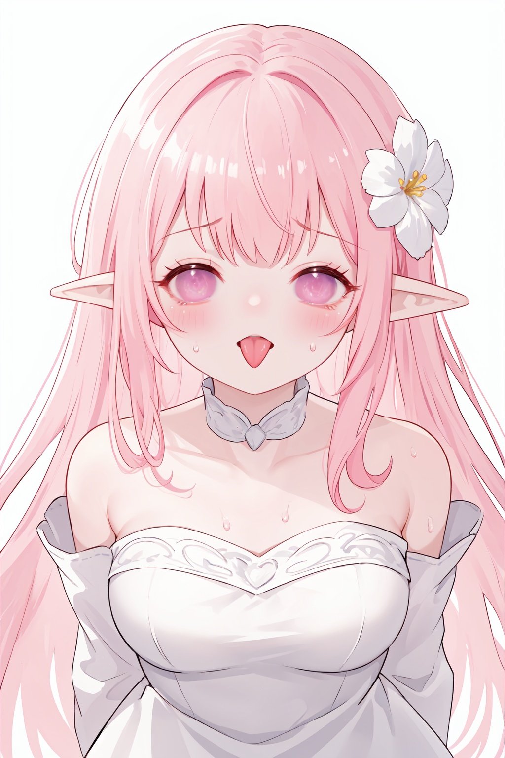 white background, looking at viewer,blush,close range,white dress,strapless, pink hair,eyes closed, pointy ears, long hair, hair flower, Lateral hair,elf, light smile,open mouth,standing,upper body,tongue,close-up,from above,sweat,frown