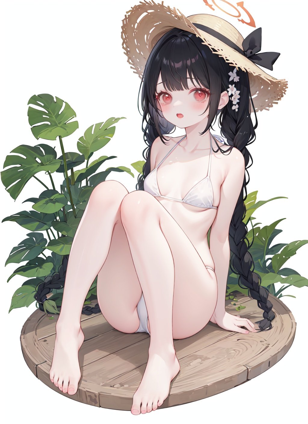 1girl,red eyes,hat,solo,swimsuit,halo,feet,toes,black hair,barefoot,miyu (blue archive),bikini,soles,braid,long hair,sitting,twin braids,Green leaves,white background,looking at viewer,straw hat,simple background,open mouth,white bikini,leaf,blush,bare legs,bangs,small breasts,twintails,full body,