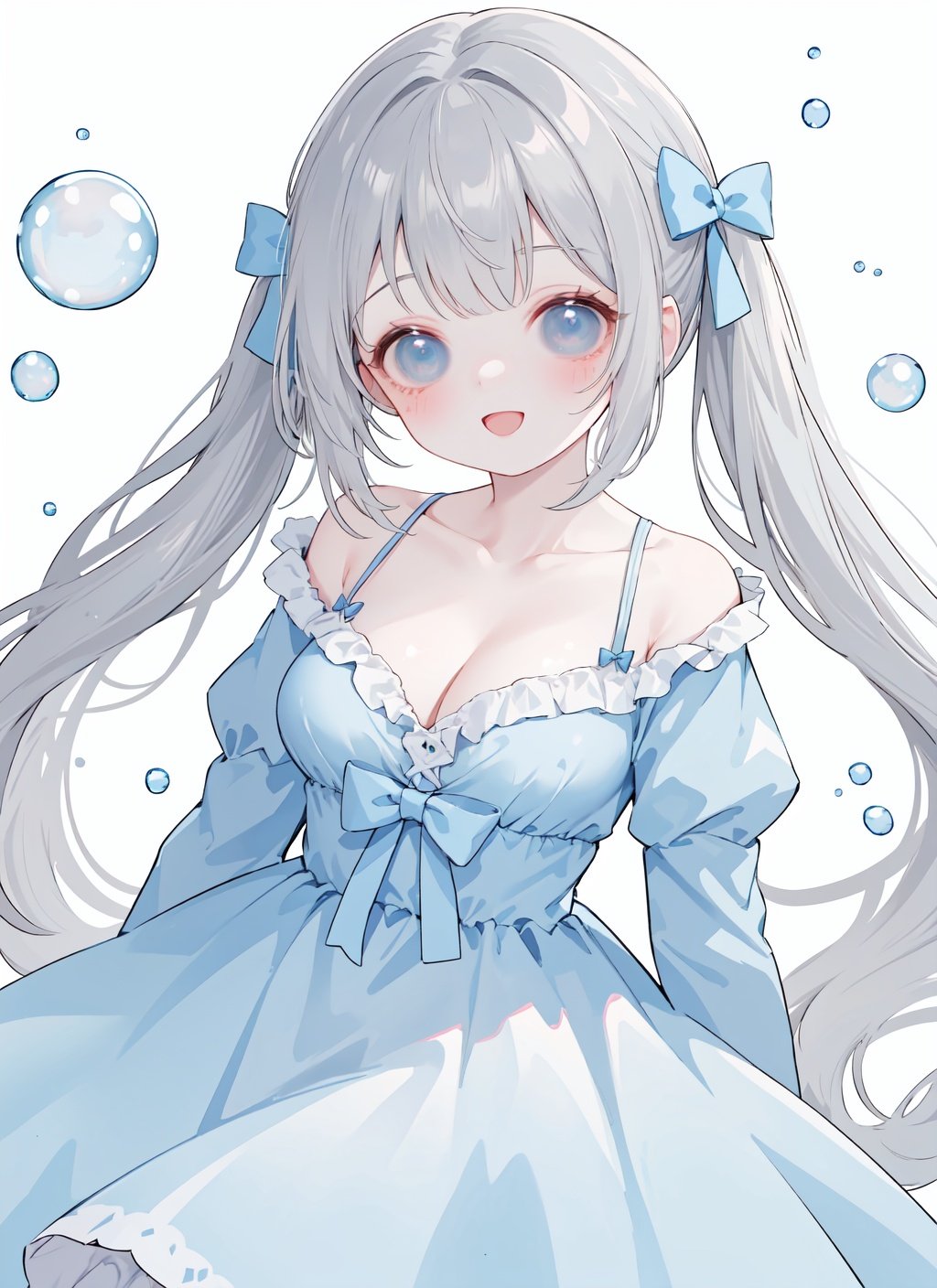 1girl, solo, breasts, blue eyes, long hair, dress, smile, looking at viewer, bangs, open mouth, bow, twintails, long sleeves, hair bow, collarbone, low twintails, blue dress, :d, cleavage, blush, grey hair, bubble, very long hair, medium breasts, blue bow