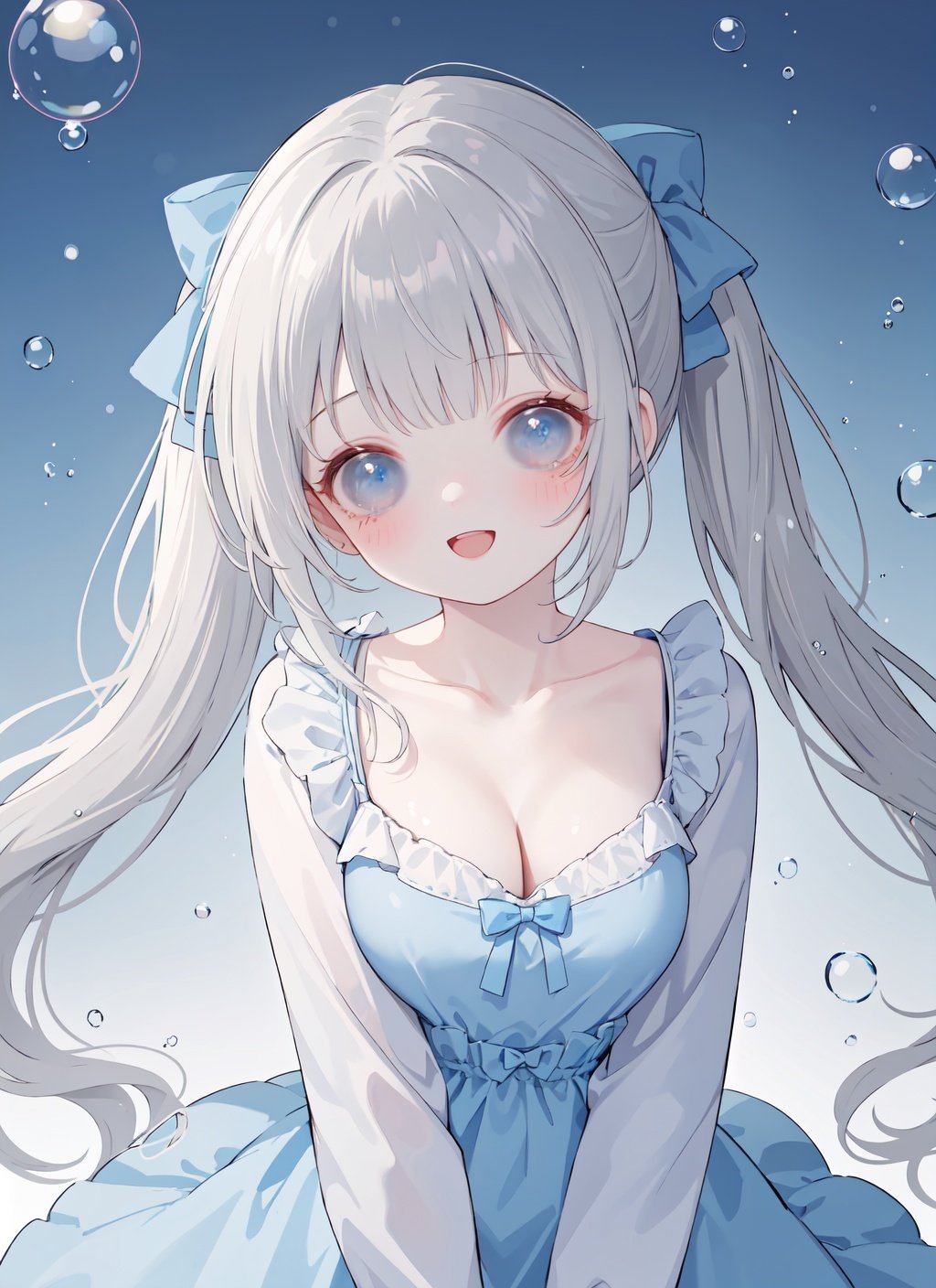 1girl, solo, breasts, blue eyes, long hair, dress, smile, looking at viewer, bangs, open mouth, bow, twintails, long sleeves, hair bow, collarbone, low twintails, blue dress, :d, cleavage, blush, grey hair, bubble, very long hair, medium breasts, blue bow