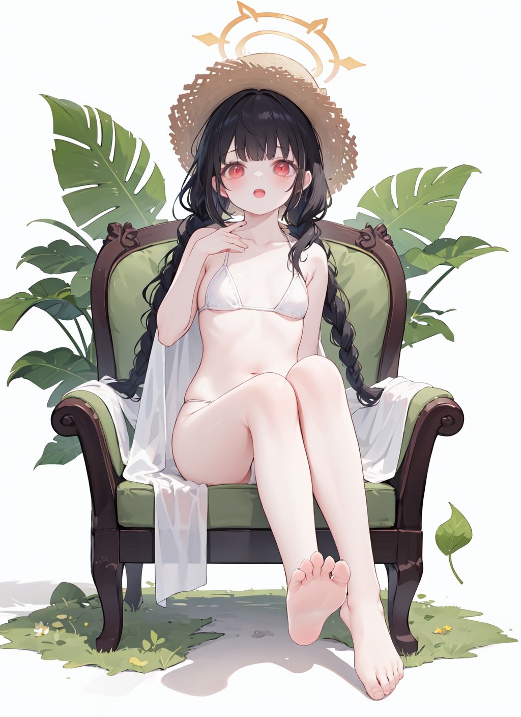 1girl,red eyes,hat,solo,swimsuit,halo,feet,toes,black hair,barefoot,miyu (blue archive),bikini,soles,braid,long hair,sitting,twin braids,Green leaves,white background,looking at viewer,straw hat,simple background,open mouth,white bikini,leaf,blush,bare legs,bangs,small breasts,twintails,full body,