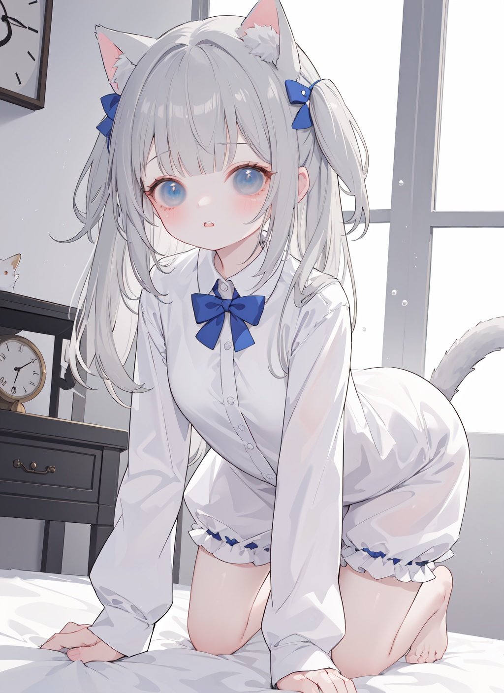 1girl,cat ears,animal ears,tail,cat tail,shirt,underwear,blue eyes,looking at viewer,grey hair,long hair,cat girl,sleeves past wrists,white shirt,long sleeves,bangs,parted lips,blush,all fours,bloomers,clock,solo,hair ornament,virtual youtuber,