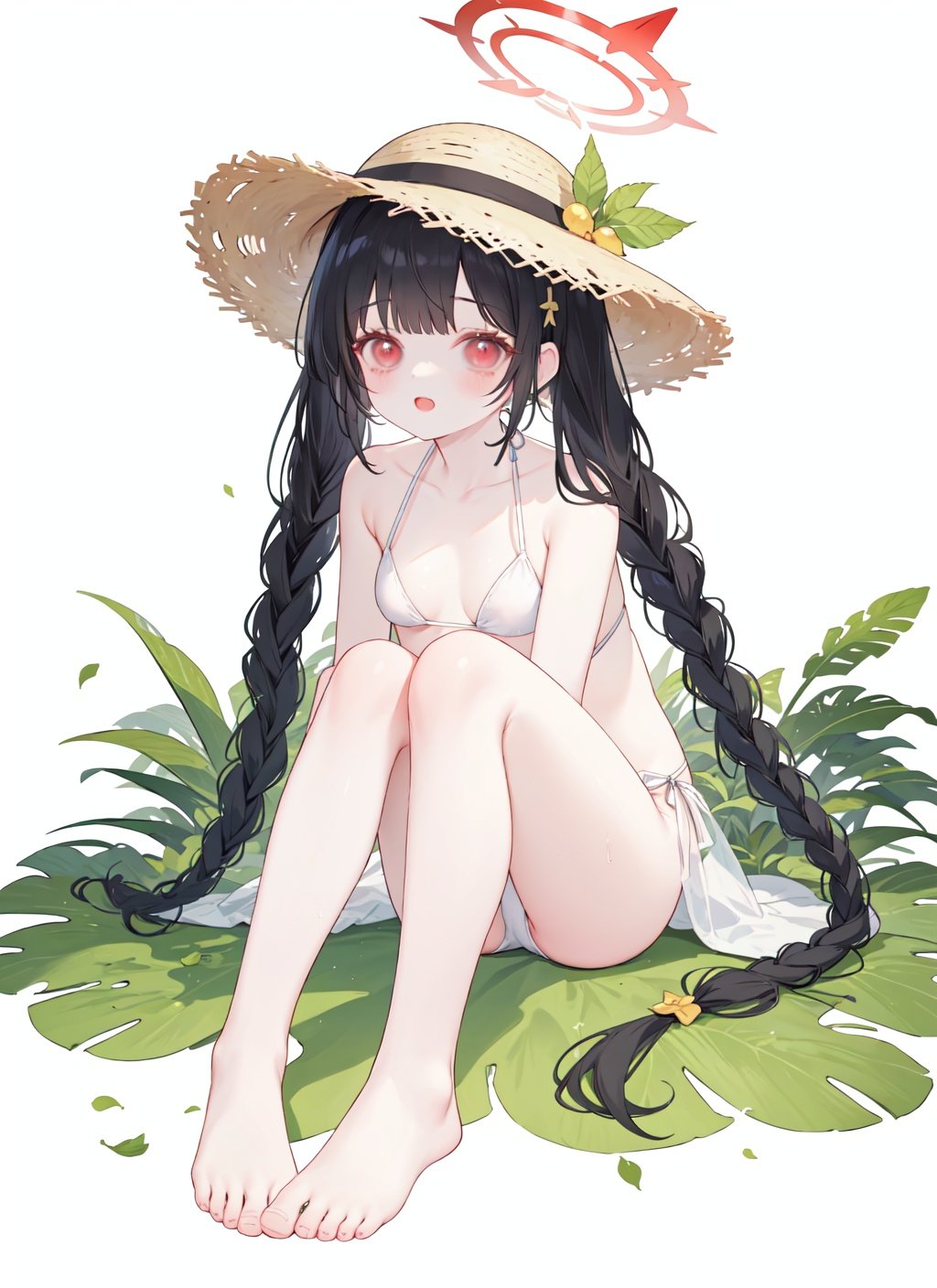 1girl,red eyes,hat,solo,swimsuit,halo,feet,toes,black hair,barefoot,miyu (blue archive),bikini,soles,braid,long hair,sitting,twin braids,Green leaves,white background,looking at viewer,straw hat,simple background,open mouth,white bikini,leaf,blush,bare legs,bangs,small breasts,twintails,full body,