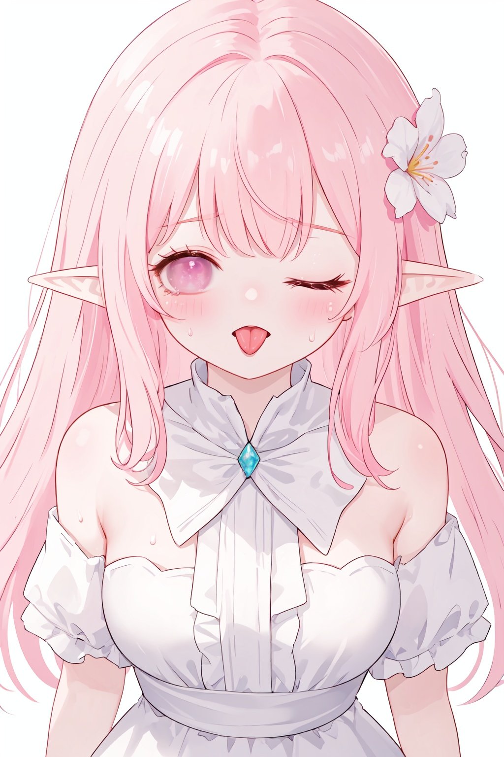 white background, looking at viewer,blush,close range,white dress,strapless, pink hair,eyes closed, pointy ears, long hair, hair flower, Lateral hair,elf, light smile,open mouth,standing,upper body,tongue,close-up,from above,sweat,frown