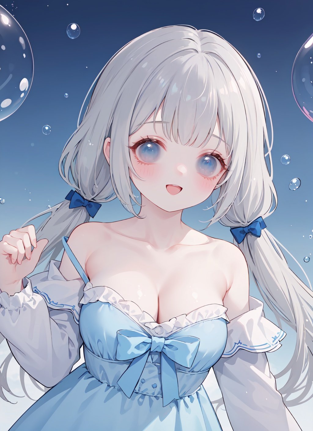 1girl, solo, breasts, blue eyes, long hair, dress, smile, looking at viewer, bangs, open mouth, bow, twintails, long sleeves, hair bow, collarbone, low twintails, blue dress, :d, cleavage, blush, grey hair, bubble, very long hair, medium breasts, blue bow