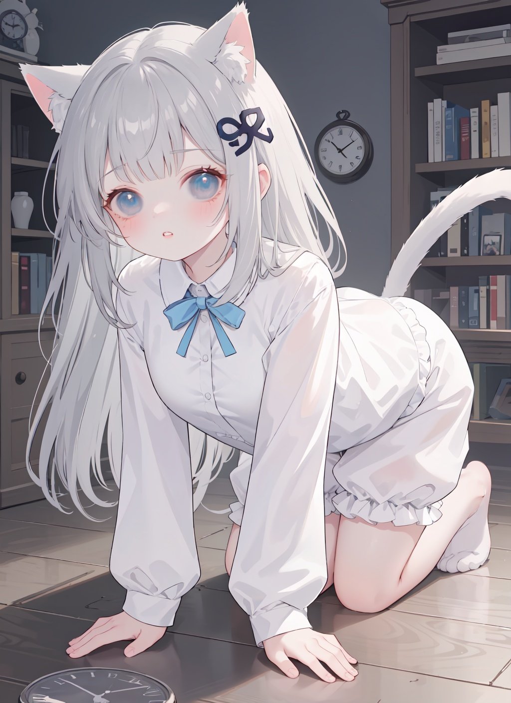 1girl,cat ears,animal ears,tail,cat tail,shirt,underwear,blue eyes,looking at viewer,grey hair,long hair,cat girl,sleeves past wrists,white shirt,long sleeves,bangs,parted lips,blush,all fours,bloomers,clock,solo,hair ornament,virtual youtuber,