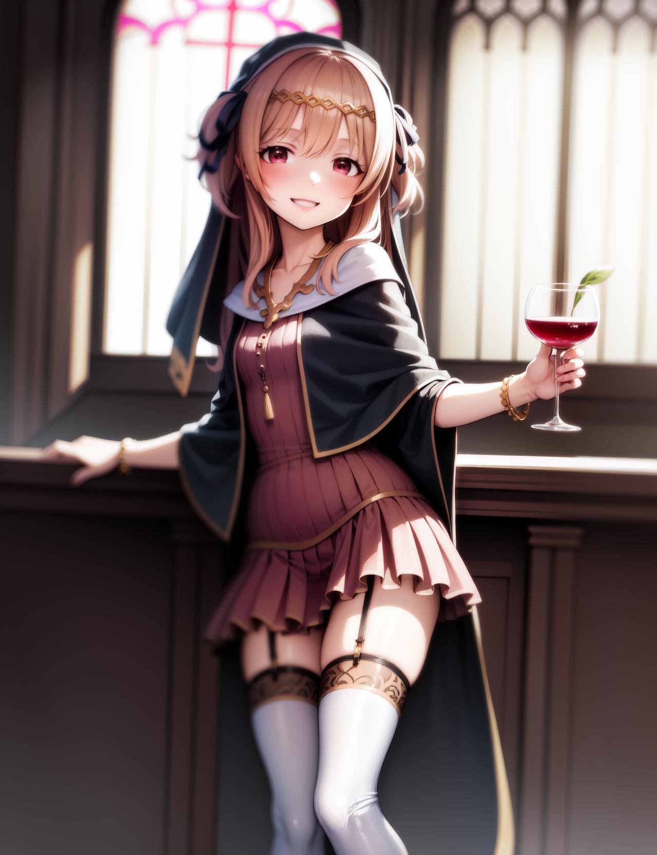 (best quality, masterpiece, highres, detailed, ultra-detailed, :1.4), pov,  (a picture of a girl handing a glass of water to the viewer, she is offering a glass of clear water to the viewer, holding,  drinking glass, water, giving, outstretched arm:1.2) 1girl, solo, long hair, jewelry, two side up, thighhighs, boots, skirt, hair ribbon, ribbon, collarbone, bracelet, pink eyes, black thighhighs, red eyes, necklace, circlet, fantasy, hair between eyes, pink hair, tassel, dress, wide sleeves, frills, capelet, light particles, pink shirt, hair ornament, long sleeves, bangs, knee boots, frilled skirt, bow, zettai ryouiki, miniskirt, habit, tiara, pleated skirt, blue ribbon, headdress, hair bow, sunlight, blush, garter straps, veil, <lora:ShadowverseLorena768:0.9>, standing, indoors, in church, shawl,(smiling, looking at viewer, happy), 