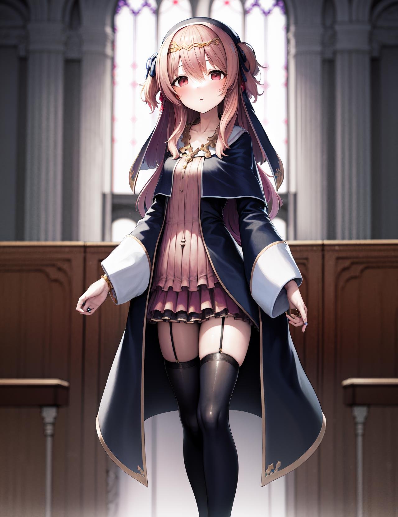 (best quality, masterpiece, detailed, highres:1.4), 1girl, solo,  long hair,  jewelry, two side up, thighhighs, looking at viewer, boots, skirt, hair ribbon, ribbon, collarbone, bracelet, pink eyes, black thighhighs, red eyes,  necklace, circlet, fantasy, hair between eyes, pink hair, tassel, dress, ring, wide sleeves, frills, capelet, light particles, hair ornament, long sleeves, bangs,   knee boots, frilled skirt, bow,  zettai ryouiki, miniskirt,  habit, tiara, pleated skirt, blue ribbon, headdress, hair bow, sunlight,  blush, garter straps, veil,   nun, <lora:ShadowverseLorena768:1>, standing, indoors, in church, 