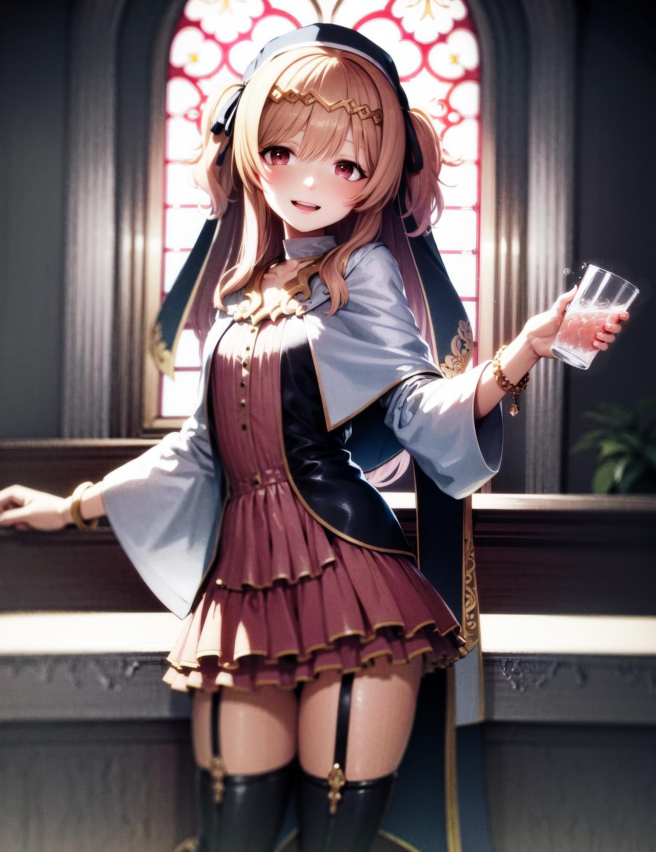 (clear blue water:1.5), (best quality, masterpiece, highres, detailed, ultra-detailed, :1.4), pov,  (a picture of a girl handing the viewer a drinking glass of water,  she is holding a mug of clear blue water in front of her, holding, incoming drink, cup, holding cup,   drinking glass,  giving, outstretched arm:1.3) 1girl, solo, long hair, jewelry, two side up, thighhighs, boots, skirt, hair ribbon, ribbon, collarbone, bracelet, pink eyes, black thighhighs, red eyes, necklace, circlet, fantasy, hair between eyes, pink hair, tassel, dress, wide sleeves, frills, capelet, light particles, pink shirt, hair ornament, long sleeves, bangs, knee boots, frilled skirt, bow, zettai ryouiki, miniskirt, habit, tiara, pleated skirt, blue ribbon, headdress, hair bow, sunlight, blush, garter straps, veil, , standing, indoors, in church, shawl,(smiling, looking at viewer, happy), 