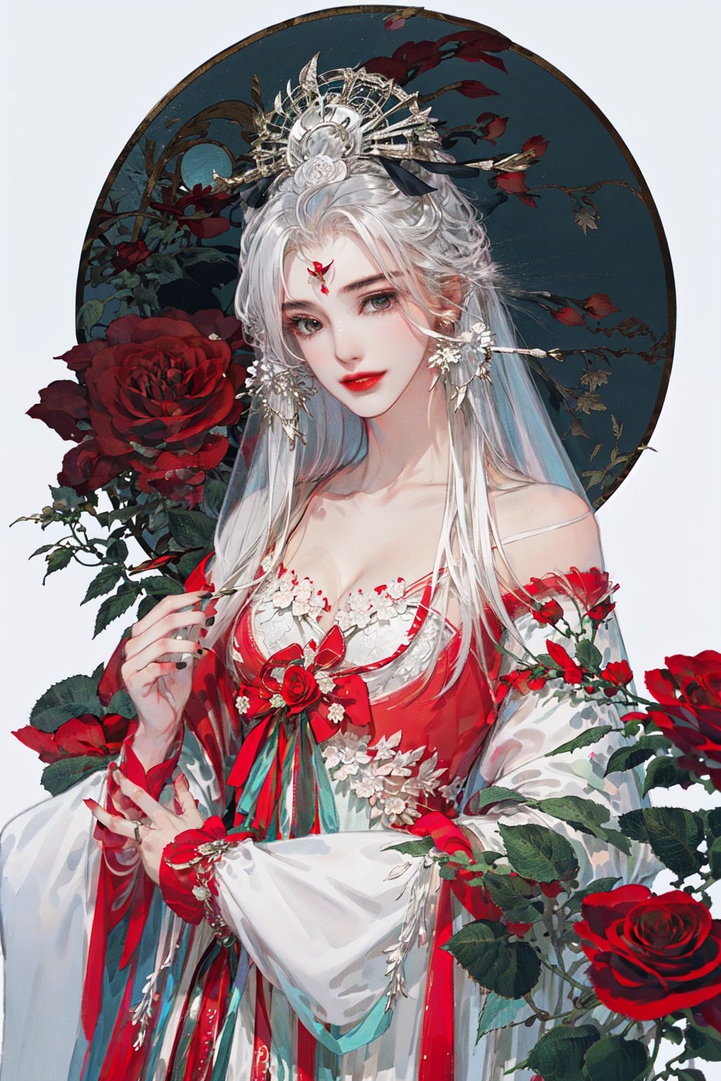 masterpiece,best_quality,1boy,solo,flower,rose,long_hair,dress,hair_flower,long_sleeves,very_long_hair,bangs,hair_ornament,closed_mouth,puffy_sleeves,wide_sleeves,white_background,red_flower,smile,white_dress,red_rose,hair_between_eyes,bare_shoulders,brown_eyes,white_hair,blush,collarbone,off-shoulder_dress,own_hands_together,looking_at_viewer,white_sleeves,floral_background,pink_flower,puffy_long_sleeves,off_shoulder,strapless,pink_rose,white_flower,strapless_dress<lora:guofeng2:1>