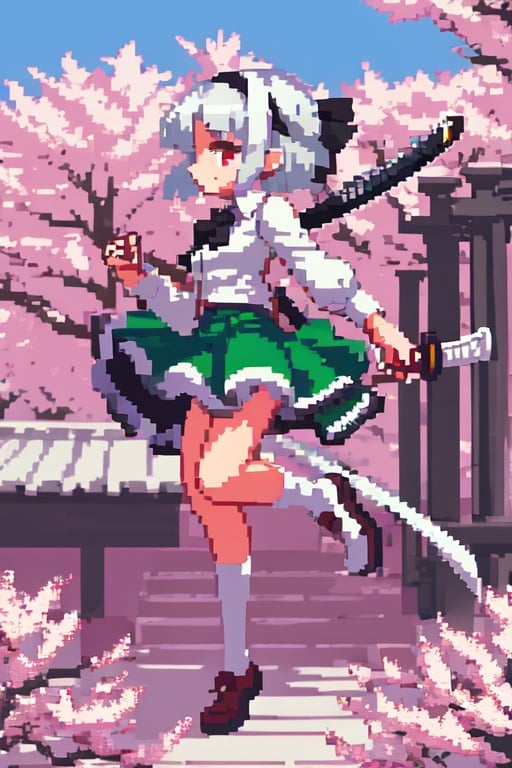 1girl, (konpaku_youmu, weapon), solo, holding, sword, skirt, cherry_blossoms, short_hair, hairband, white_hair, socks, long_sleeves, shoes, mary_janes, dual_wielding, white_socks, green_skirt, vest, petals, katana, ribbon, one_knee, shirt, black_footwear, holding_weapon, hair_ribbon, black_hairband, holding_sword, white_shirt, skirt_set, green_vest, konpaku_youmu_(ghost), tree, red_eyes, outdoors, bobby_socks, profile, stone_lantern, black_ribbon <lora:像素小人:1>